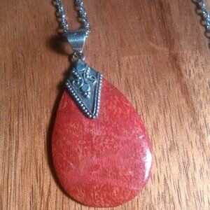 Red Sponge Coral Sterling Silver Pendant Stainless Steel Necklace